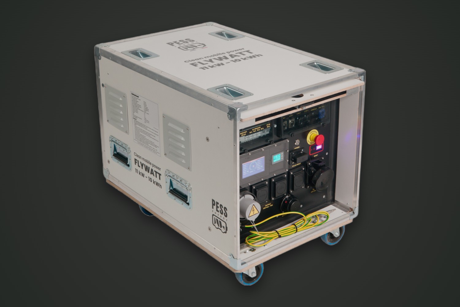 FlyWatt, générateur à batterie en flight-case, vue 3/4